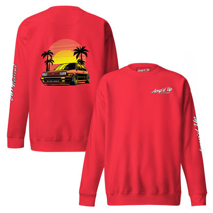 Sunset Volkswagen Sweatshirt with a vibrant back illustration featuring a classic car and palm trees