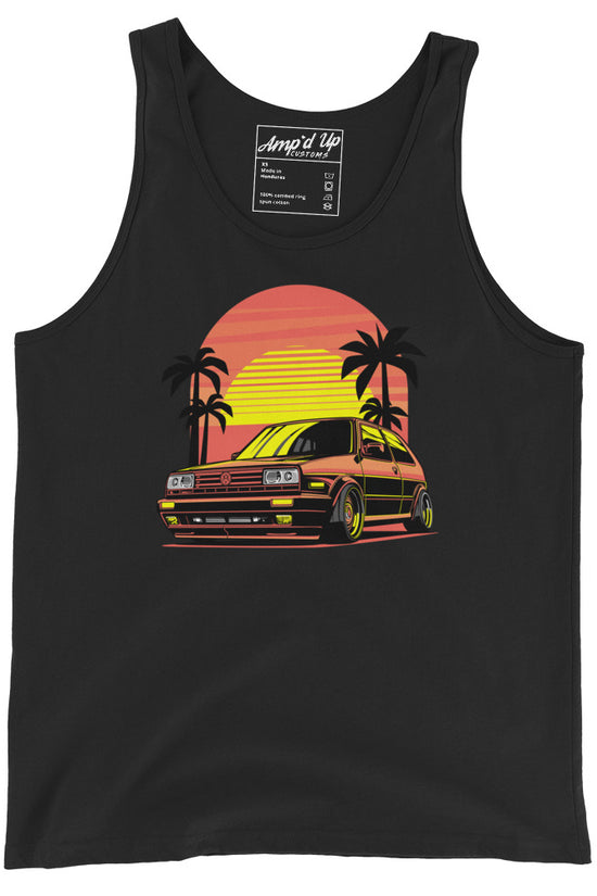 Sunset Volkswagen Tank Top featuring a retro car and palm trees against a colorful sunset backdrop