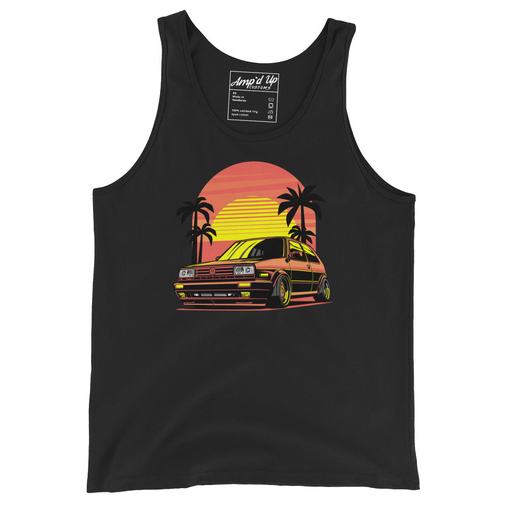 Sunset Volkswagen Tank Top featuring a retro car and palm trees against a colorful sunset backdrop