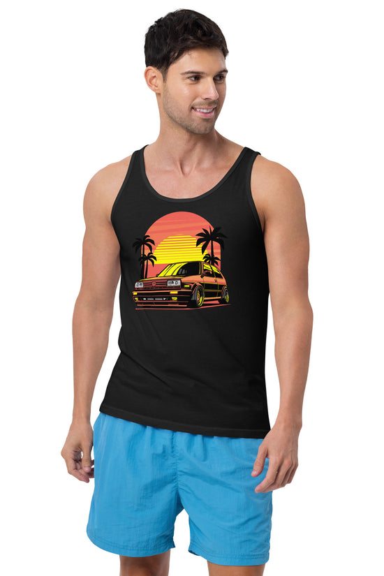 Man wearing a black Sunset Volkswagen Tank Top featuring a retro car and palm trees design