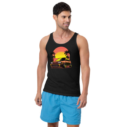 Man wearing a black Sunset Volkswagen Tank Top featuring a retro car and palm trees design