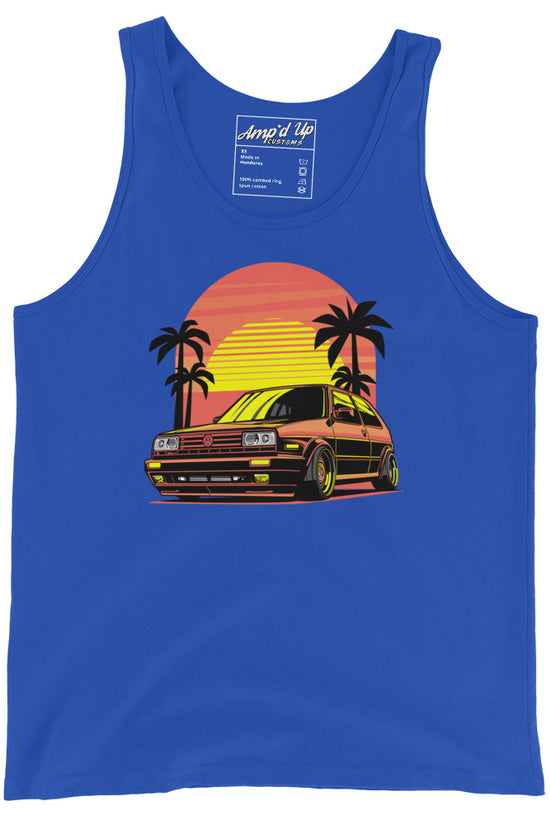 Blue Sunset Volkswagen Tank Top featuring a retro car graphic with palm trees and a sunset background