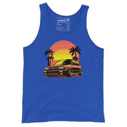 Blue Sunset Volkswagen Tank Top featuring a retro car graphic with palm trees and a sunset background