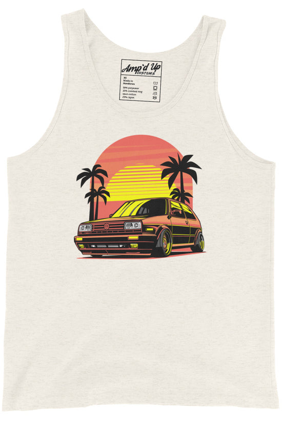 Sunset Volkswagen Tank Top featuring a retro car design with palm trees and a colorful sunset