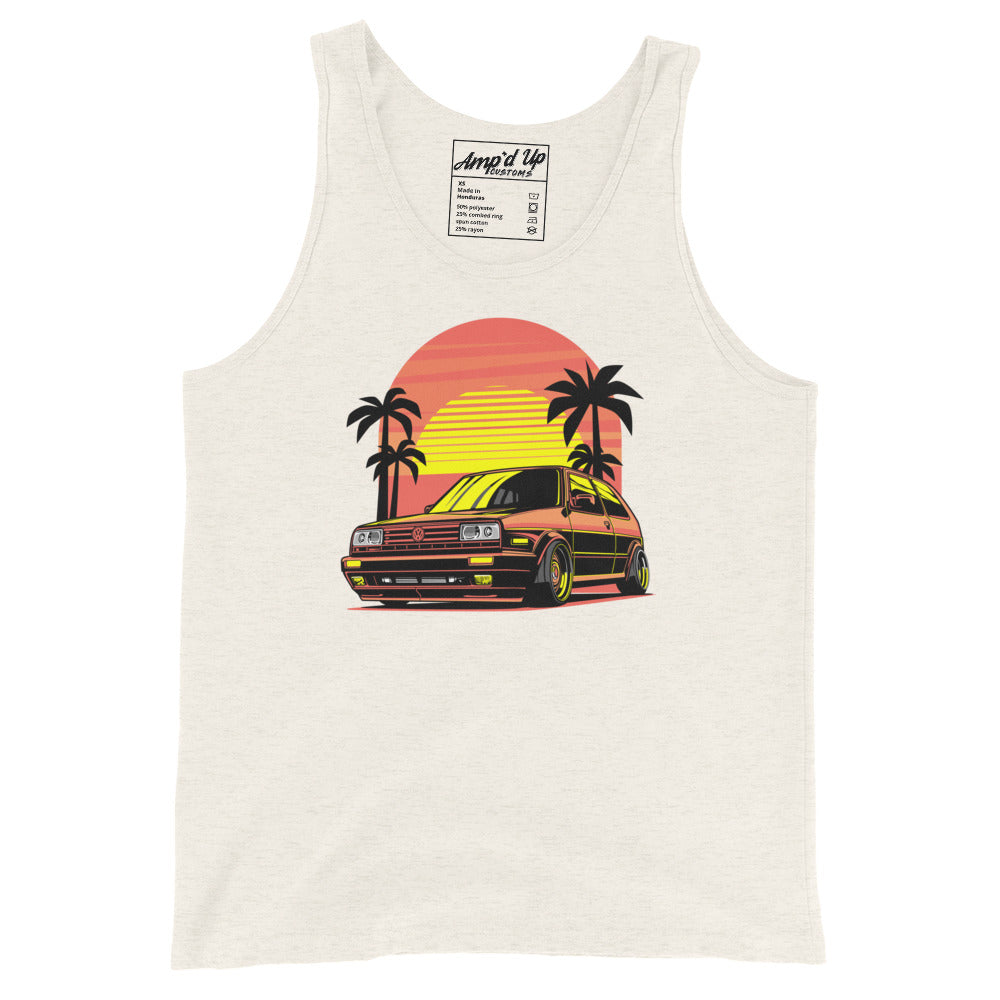Sunset Volkswagen Tank Top featuring a retro car design with palm trees and a colorful sunset