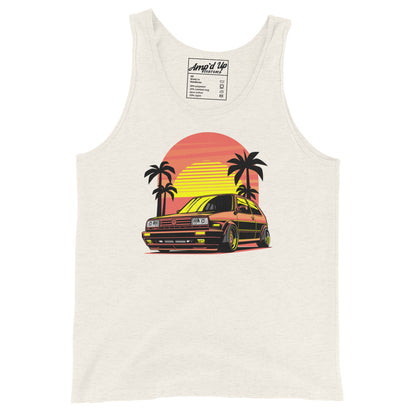Sunset Volkswagen Tank Top featuring a retro car design with palm trees and a colorful sunset