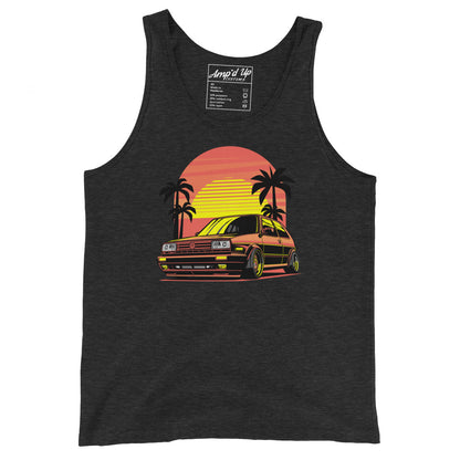 Sunset Volkswagen Tank Top featuring a vintage car design with palm trees and a colorful sunset