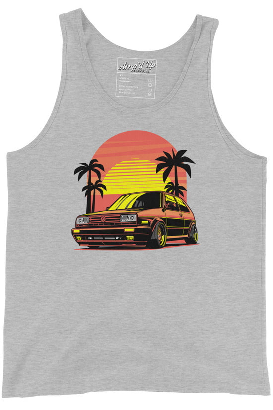 Gray Sunset Volkswagen Tank Top featuring a vintage car design with palm trees and a colorful sunset