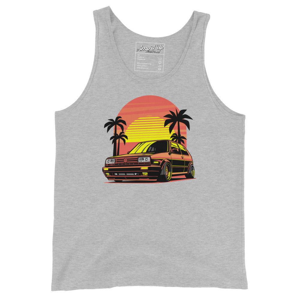 Gray Sunset Volkswagen Tank Top featuring a vintage car design with palm trees and a colorful sunset