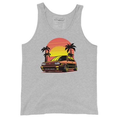 Gray Sunset Volkswagen Tank Top featuring a vintage car design with palm trees and a colorful sunset