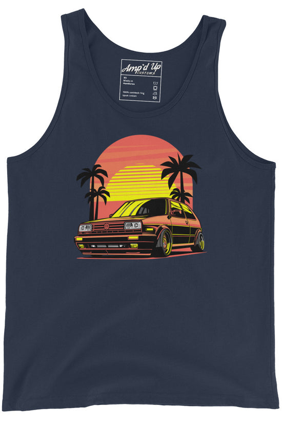 Sunset Volkswagen Tank Top featuring a retro car design with palm trees and a vibrant sunset backdrop