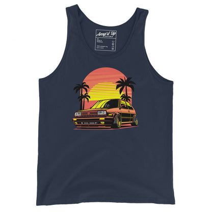 Sunset Volkswagen Tank Top featuring a retro car design with palm trees and a vibrant sunset backdrop
