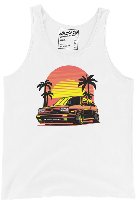 White Sunset Volkswagen Tank Top featuring a vibrant car graphic with palm trees and sunset design