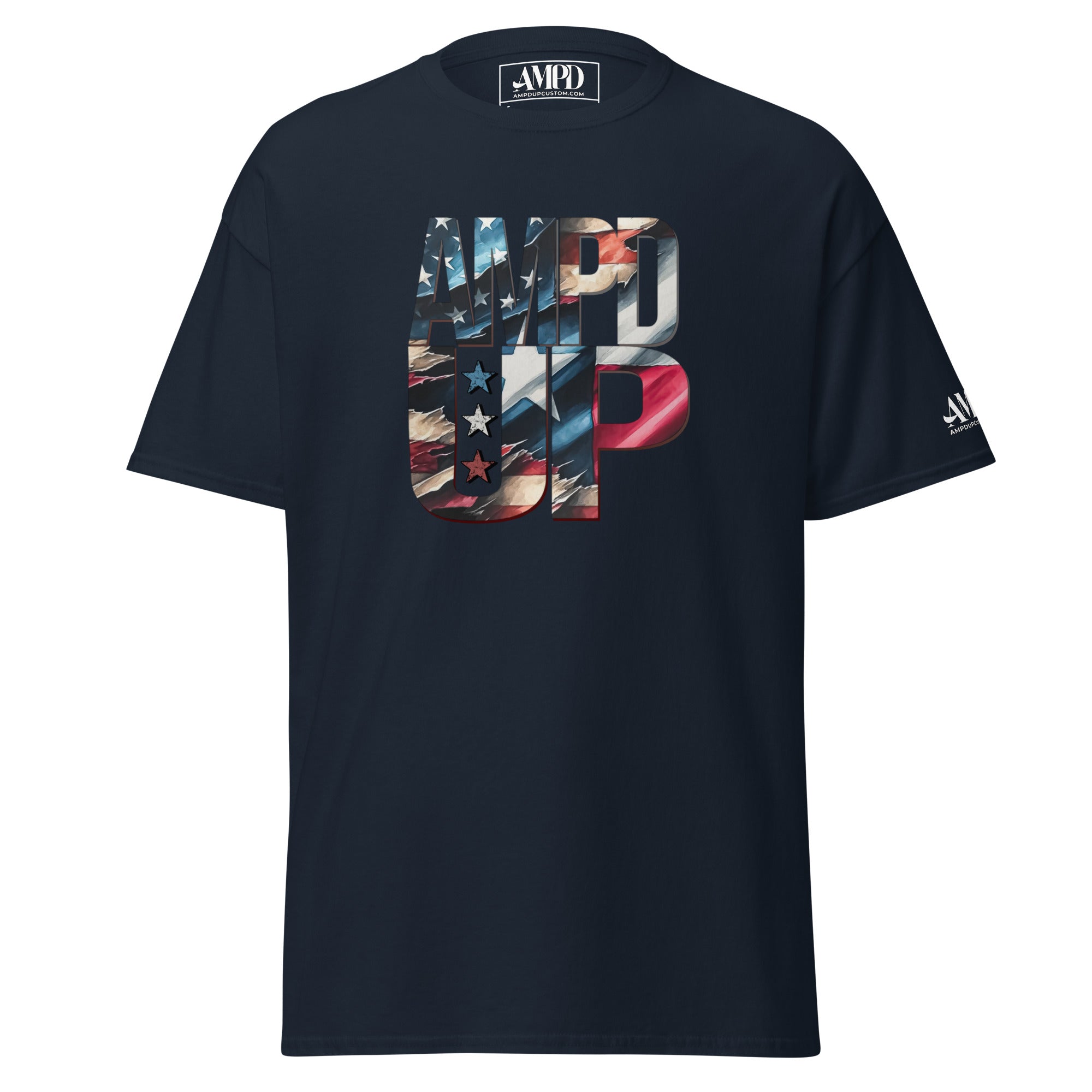 Texas Hero Tee Amp'd Up Graphic T-Shirt featuring a bold patriotic design on a navy background