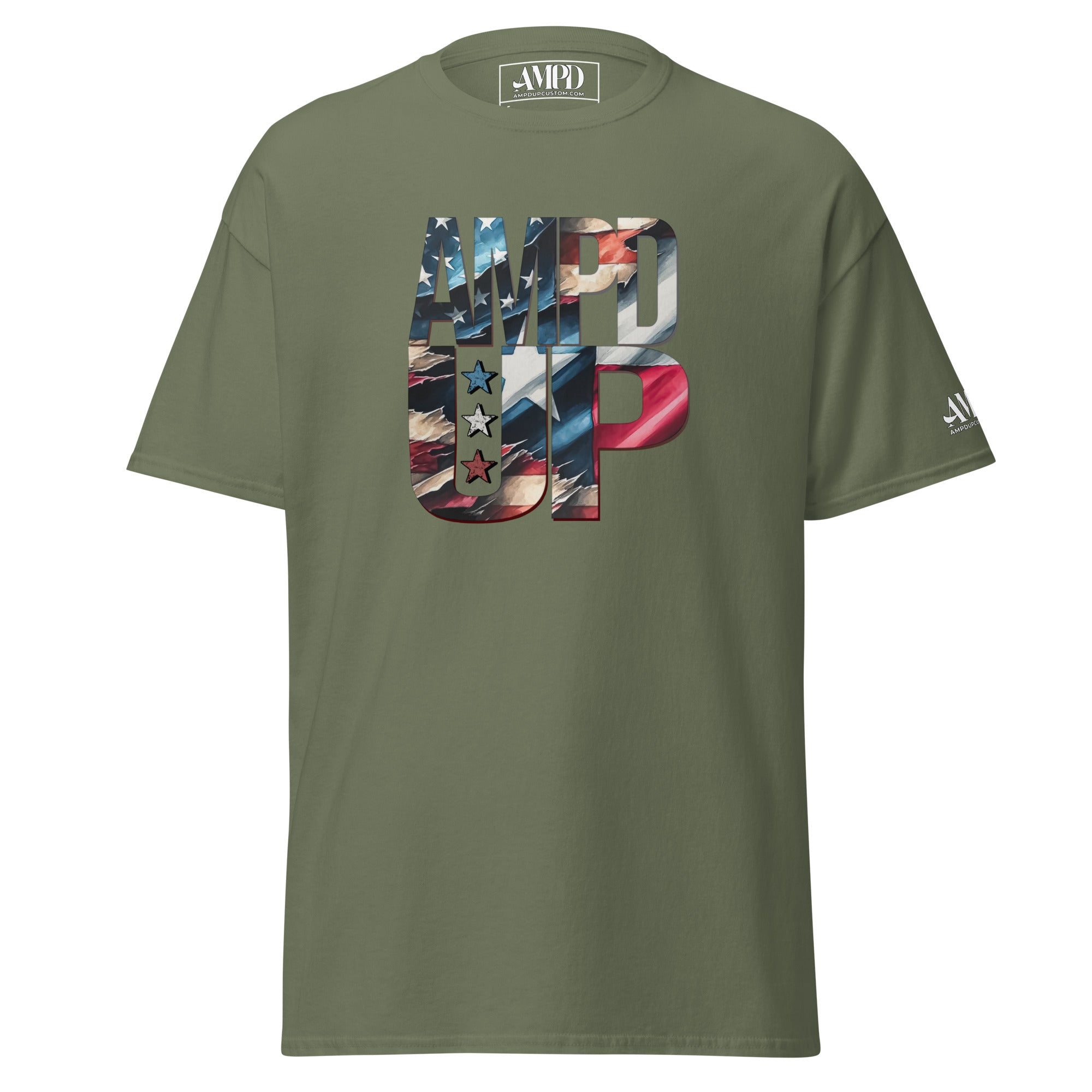 Texas Hero Tee Amp'd Up Graphic T-Shirt in olive green featuring a patriotic design with stars and stripes