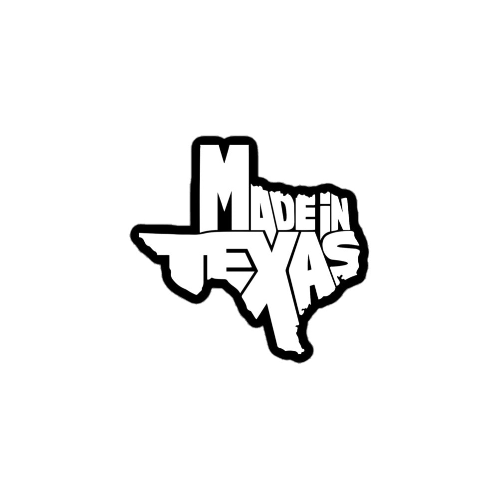 Made In Texas sticker featuring a bold Texas shape design in black and white