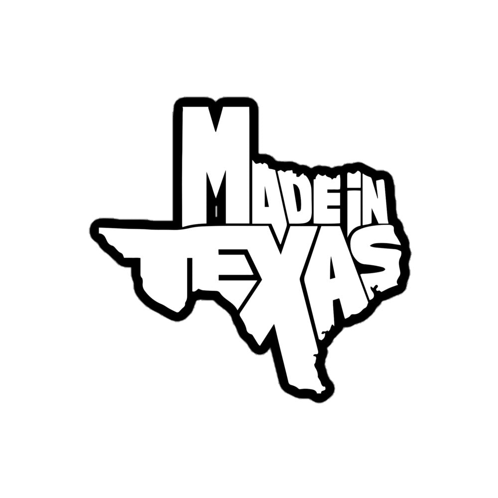 Amp'd Up Custom Made In Texas sticker in a Texas-shaped design with bold lettering