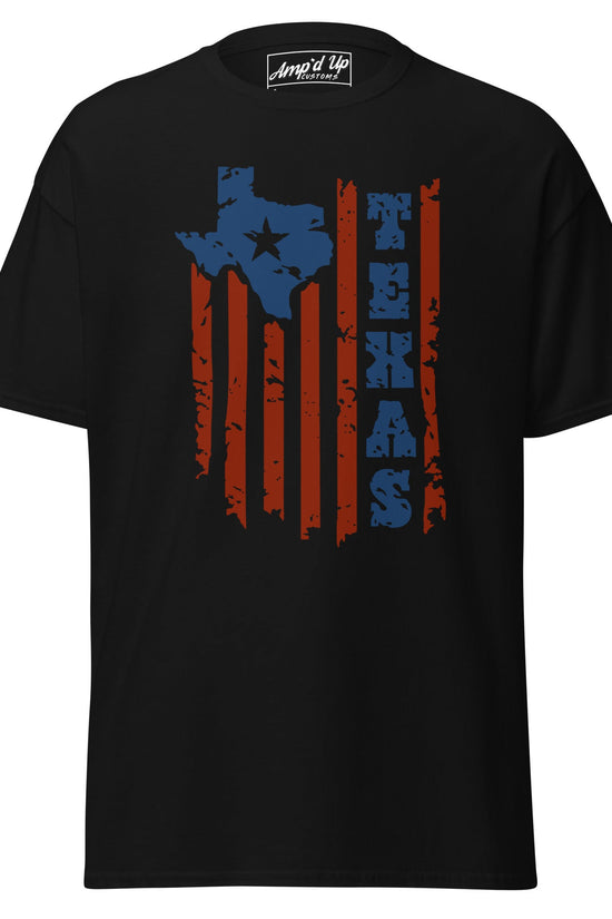 Black Texas T-Shirt featuring a distressed Texas map and red stripes design