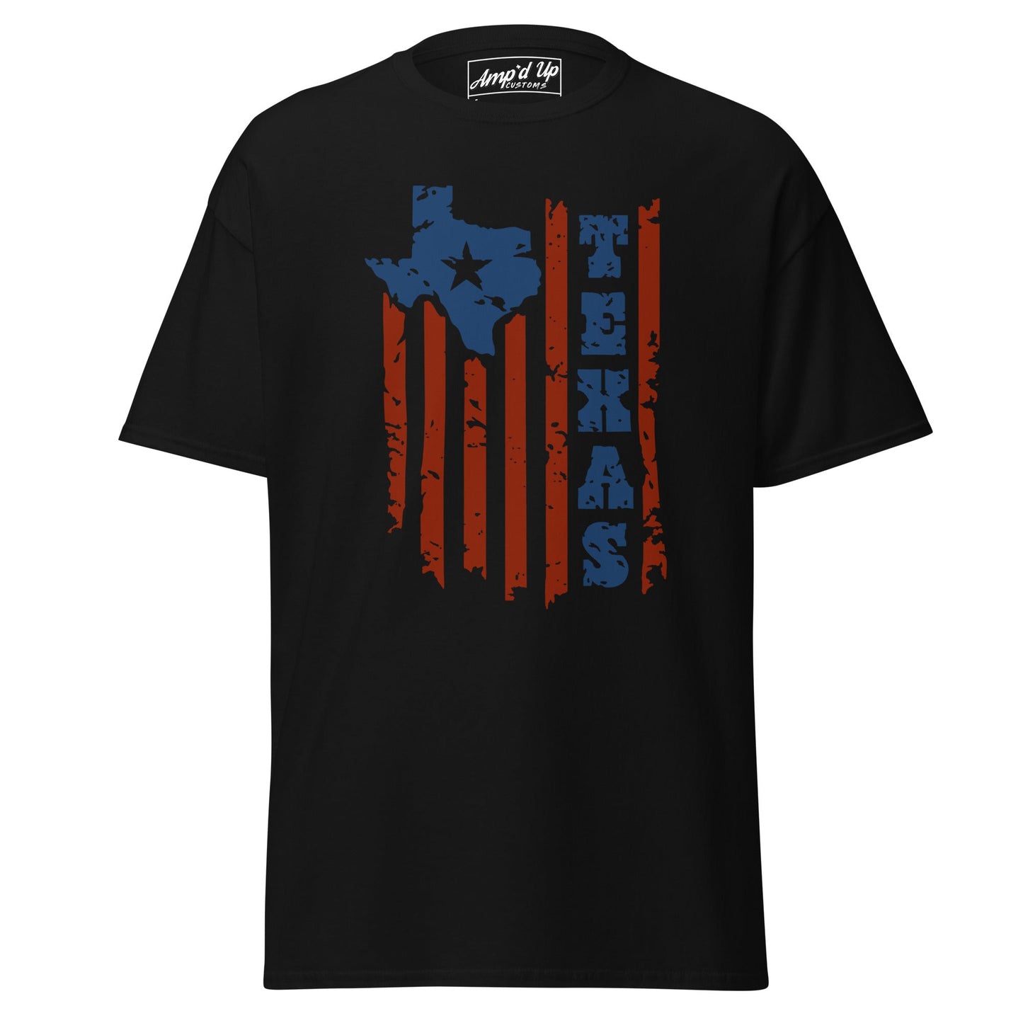 Black Texas T-Shirt featuring a distressed Texas map and red stripes design