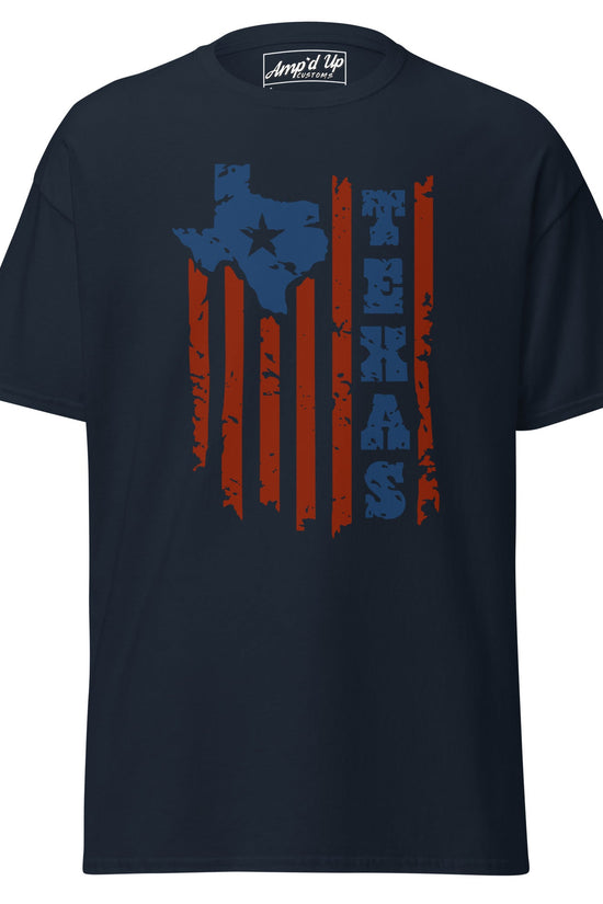 Texas T-Shirt featuring a distressed Texas map and striped design in navy blue and red