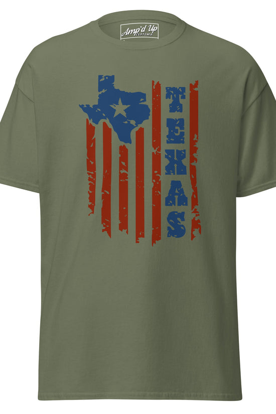 Texas T-Shirt featuring a distressed Texas flag design on an olive green background