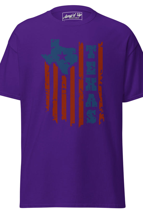 Purple Texas T-Shirt featuring a distressed Texas graphic and colorful striped design