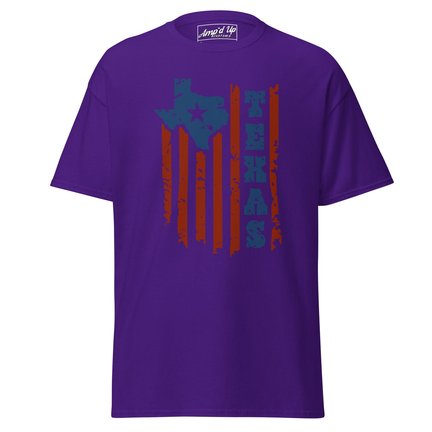 Purple Texas T-Shirt featuring a distressed Texas graphic and colorful striped design