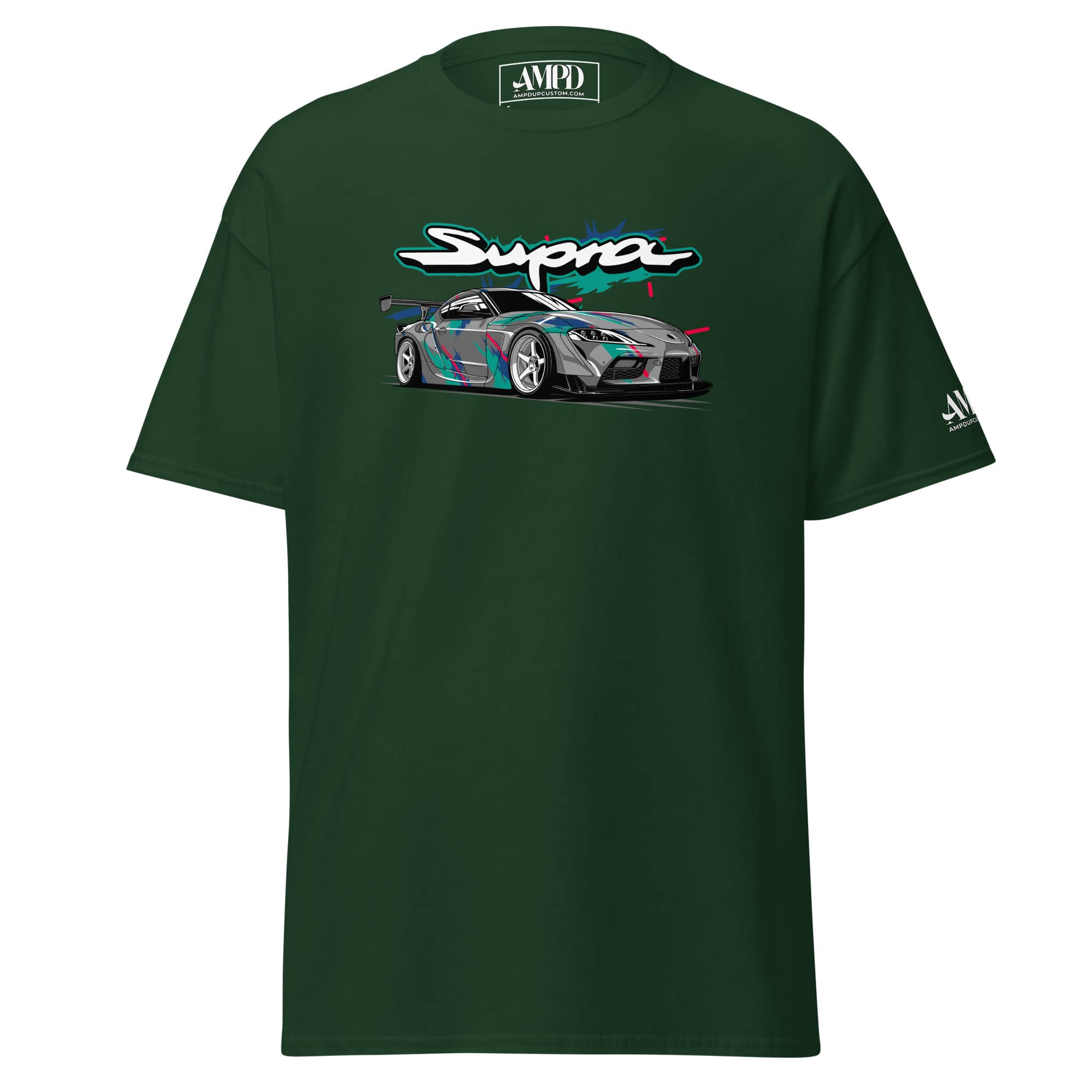 Toyota GR Supra A90 Graphic T-Shirt | AMPD featuring a stylized car design on a green background
