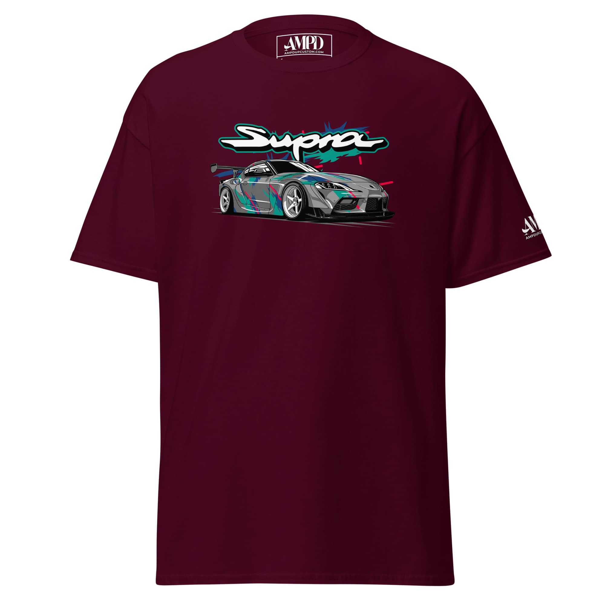 Toyota GR Supra A90 Graphic T-Shirt | AMPD in maroon featuring a stylish car design