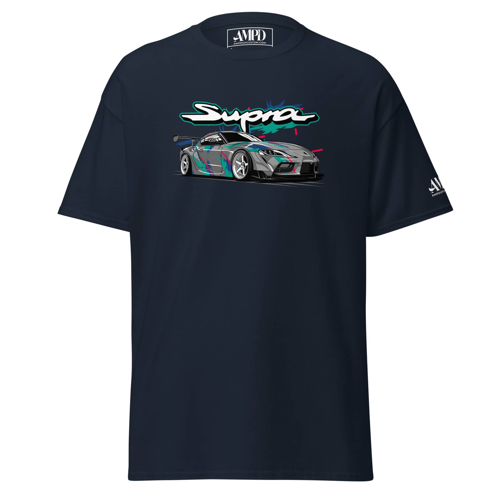 Toyota GR Supra A90 Graphic T-Shirt | AMPD featuring a vibrant car design on a navy background
