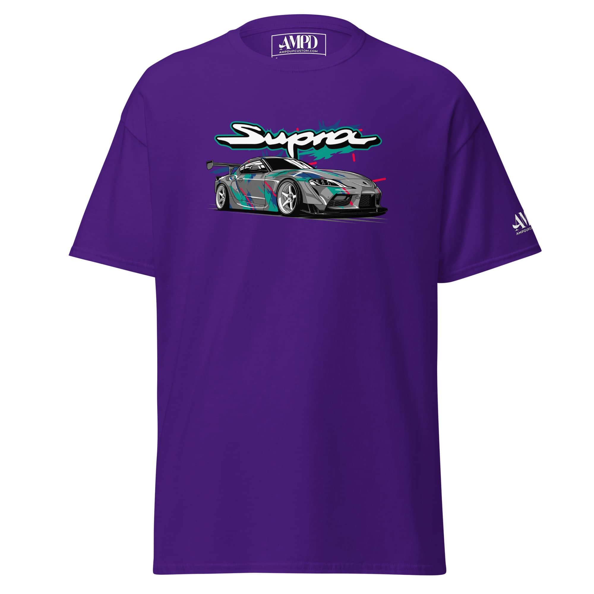 Purple Toyota GR Supra A90 Graphic T-Shirt | AMPD featuring a sleek car design on the front