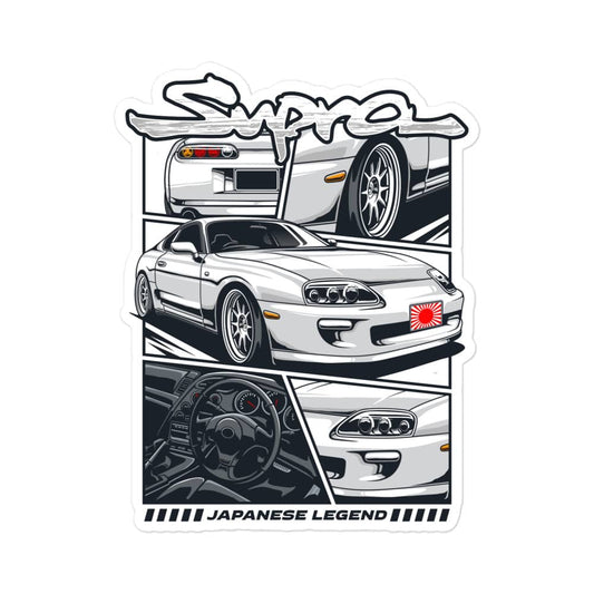 Toyota Supra sticker featuring detailed illustrations and text highlighting the Japanese legend car