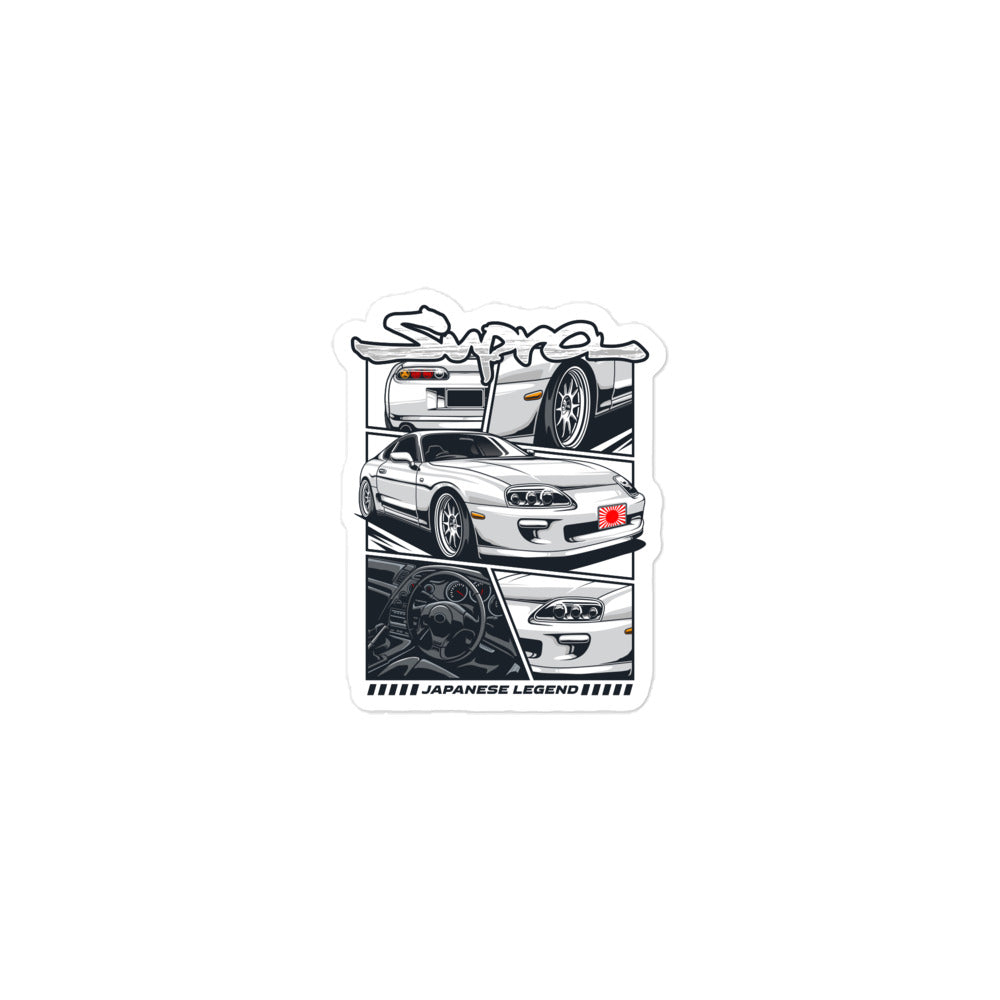 Toyota Supra sticker featuring a graphic design of the iconic car and wheels, celebrating Japanese automotive culture