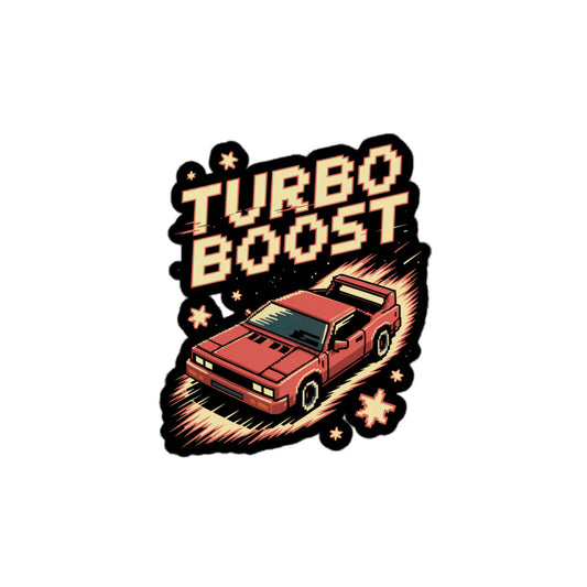Amp'd Up Custom Turbo Boost sticker with retro pixel art style red sports car and bold text