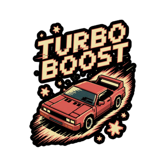 Amp'd Up Custom Turbo Boost sticker featuring a red pixelated car with flame effects