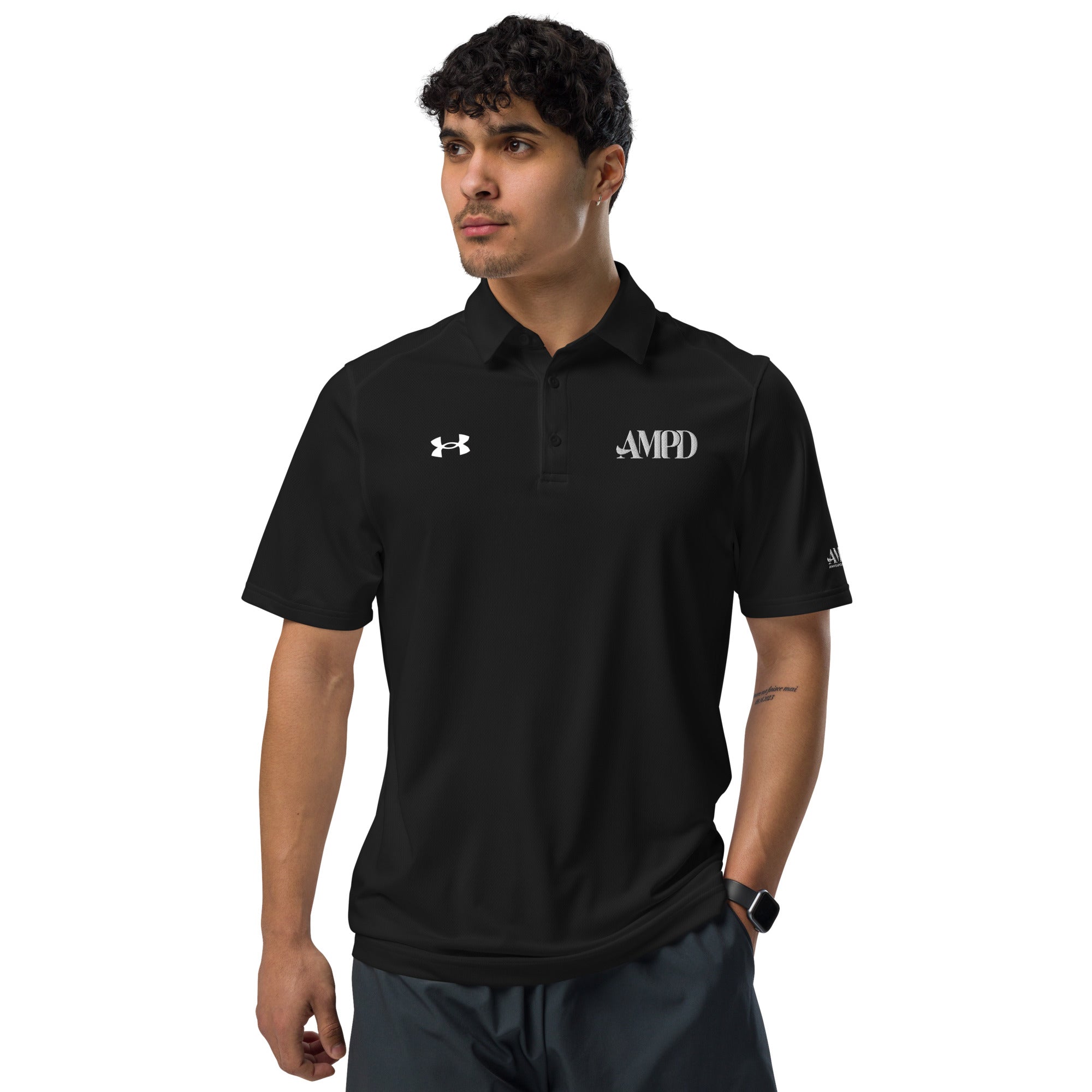 AMPD Official Under Armour® Men's Polo in black with logo, ideal for casual and athletic wear