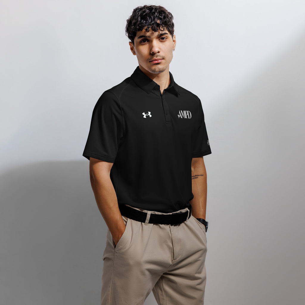 AMPD Official Under Armour® Men's Polo in black with logo, perfect for casual or professional wear.