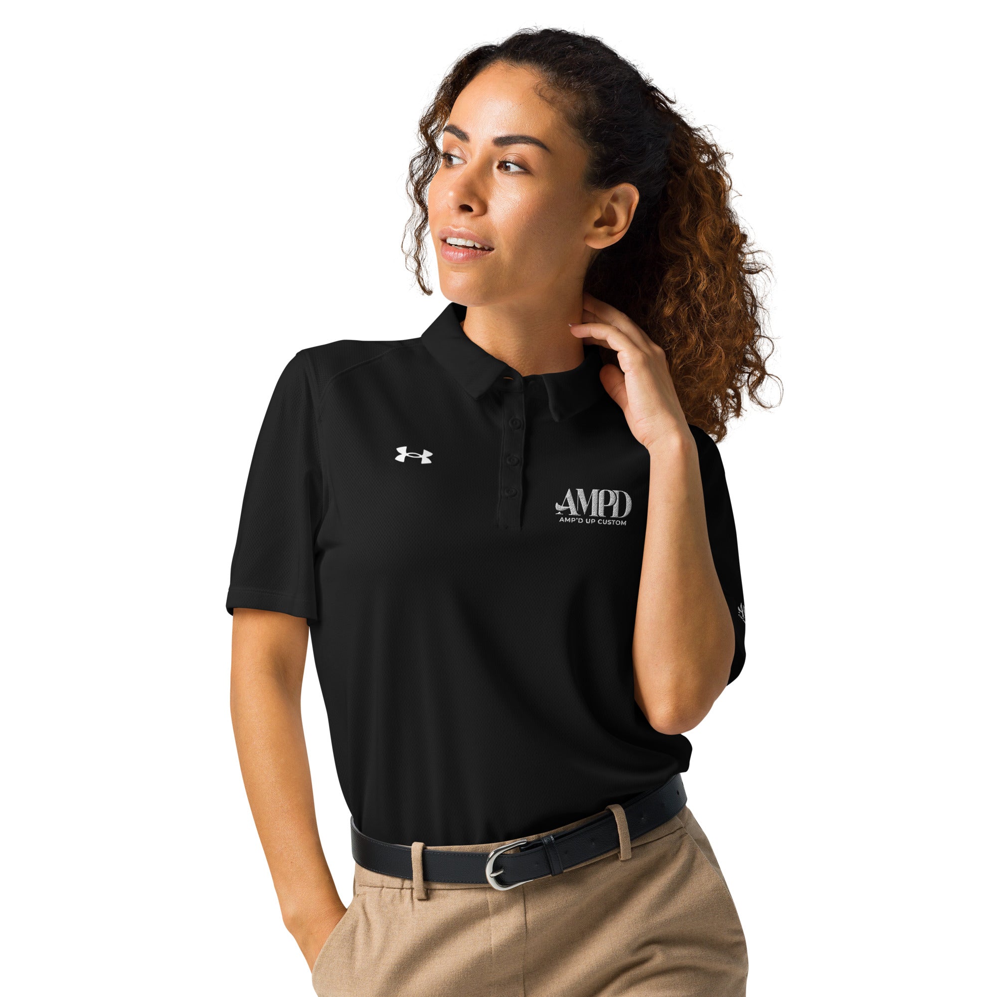 AMPD Official Under Armour Womens polo in black featuring a stylish logo and classic fit