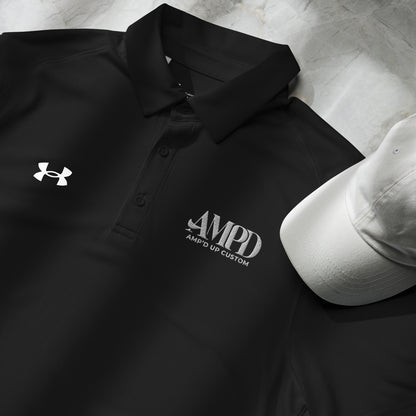Amp'd Up Official Under Armour Men's Polo in black with embroidered logo and white cap