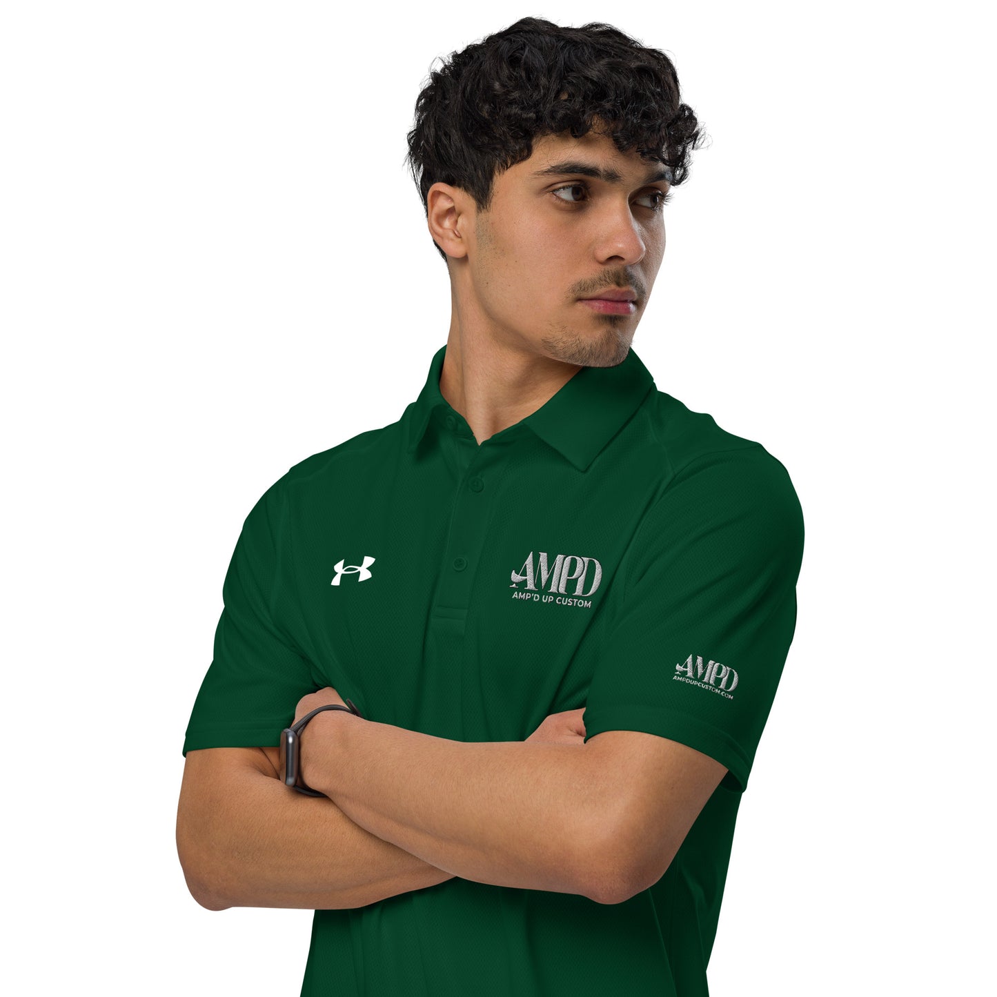 Amp'd Up Official Under Armour Men's Polo in dark green with custom logo on chest and sleeve