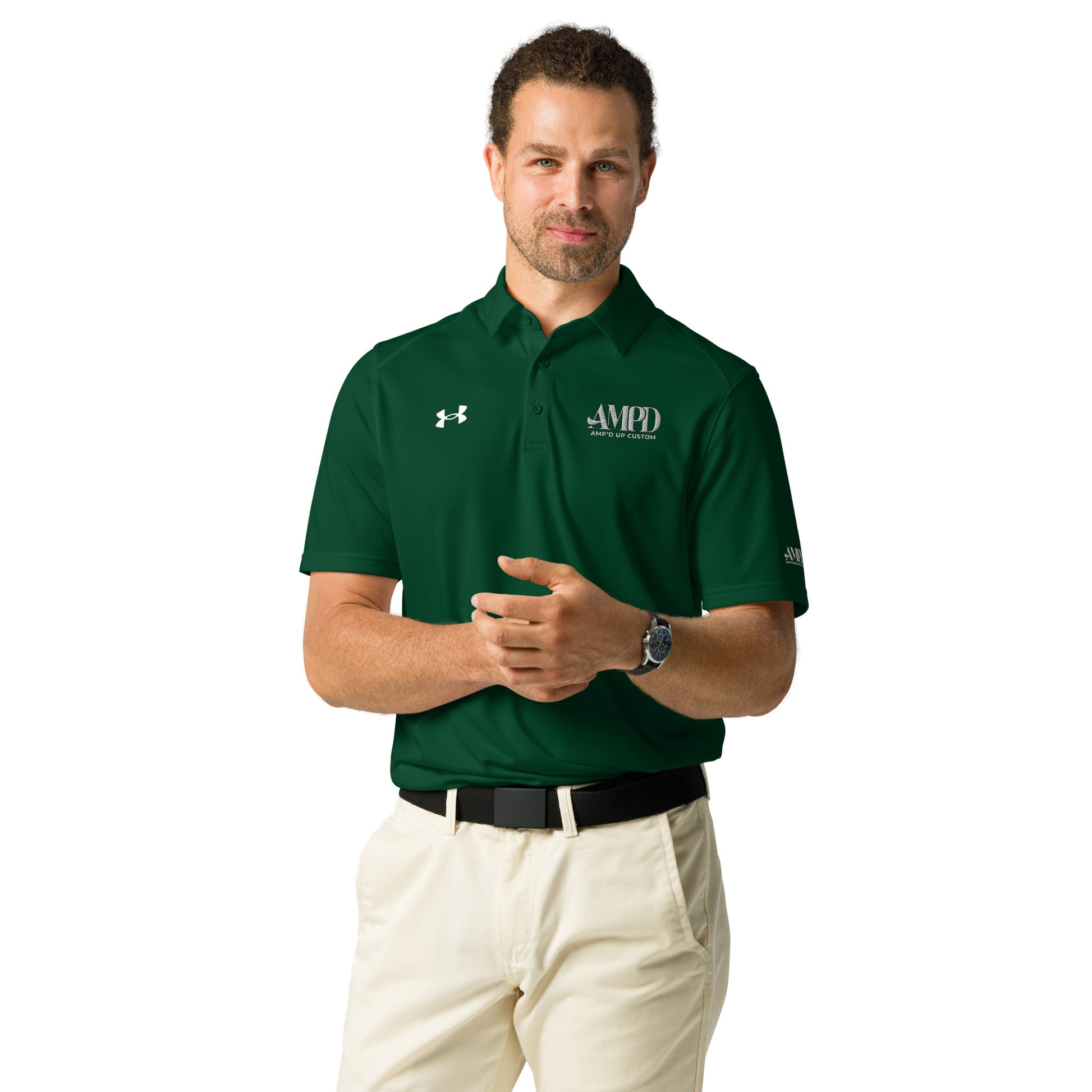 Amp'd Up Official Under Armour Men's Polo in dark green with logo, perfect for casual or athletic wear