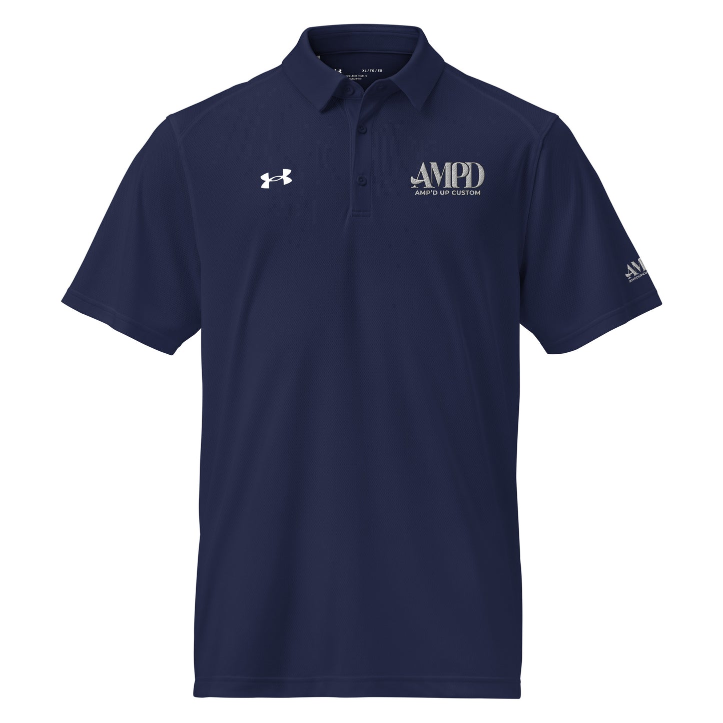 Amp'd Up Official Under Armour Men's Polo in navy blue with custom logo for a stylish look