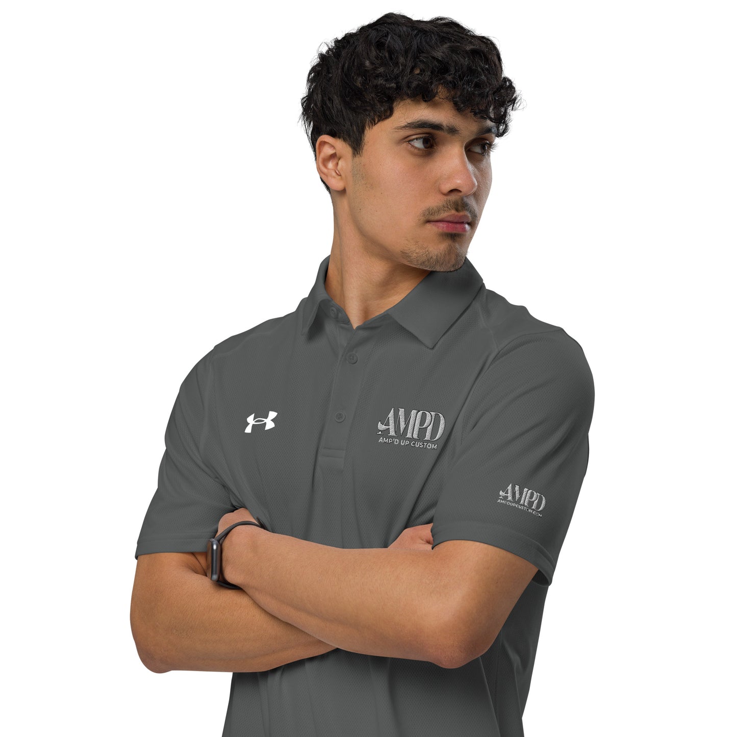 Amp'd Up Official Under Armour Men's Polo in grey with embroidered logo on the chest and sleeve