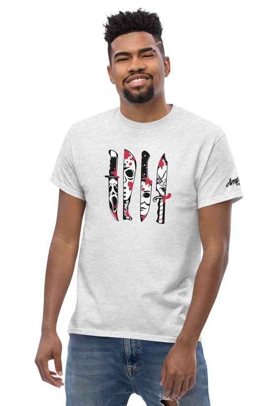 Man wearing a white Horror Movie Classic Knives T-Shirt with graphic knife designs from Amp'd Up Custom