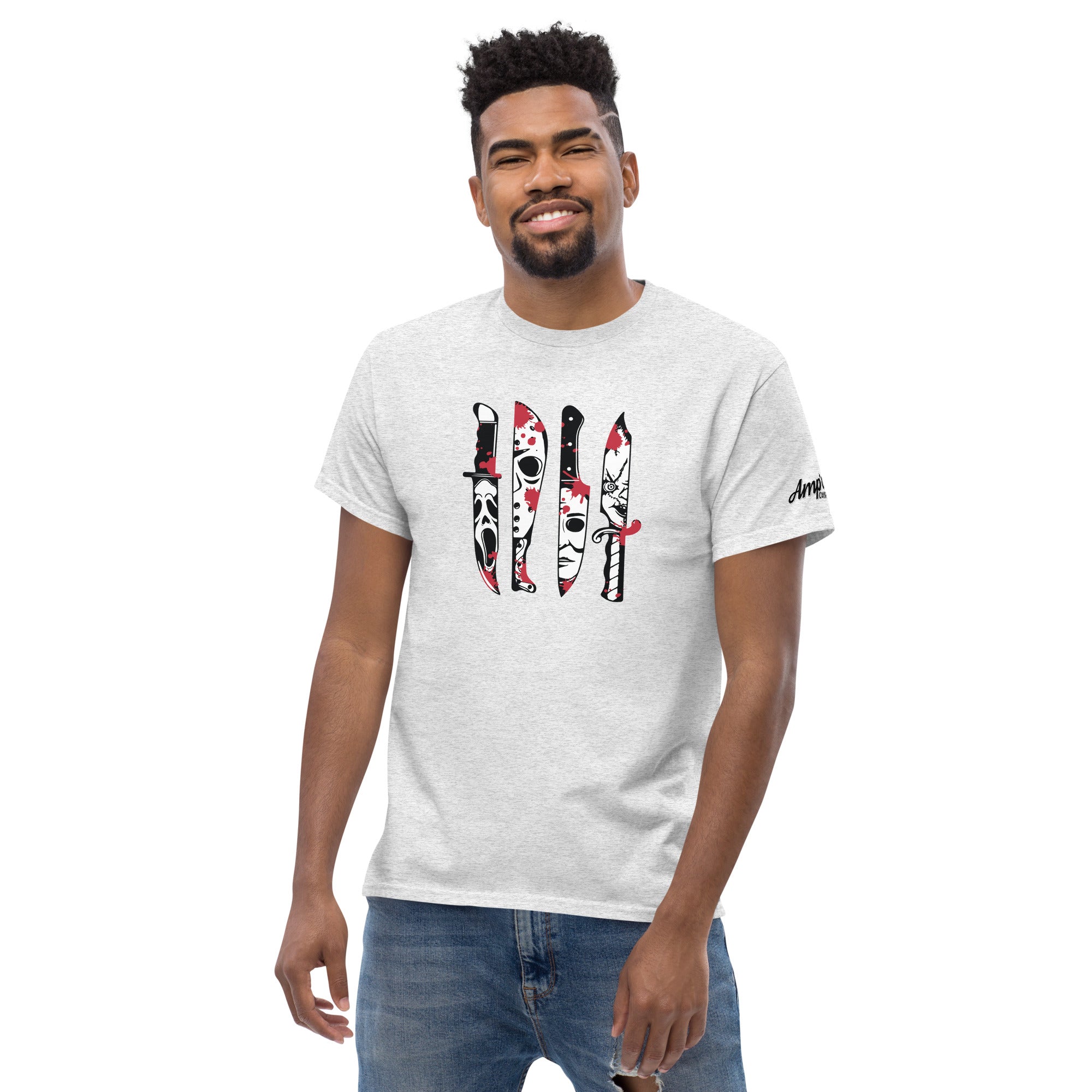 Man wearing a white Horror Movie Classic Knives T-Shirt with graphic knife designs from Amp'd Up Custom
