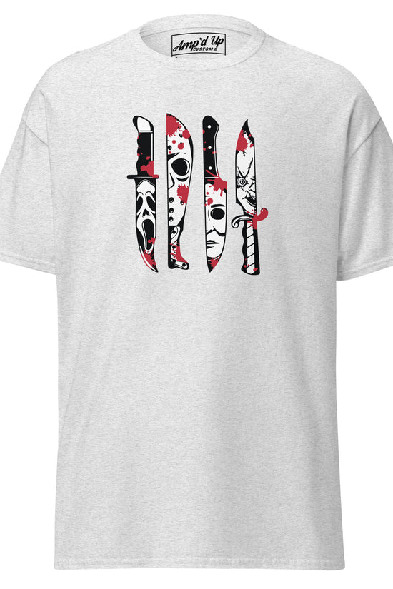 Amp'd Up Custom Horror Movie Classic Knives T-Shirt with blood-spattered iconic horror knife designs on light gray fabric