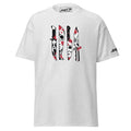 Amp'd Up Custom Horror Movie Classic Knives T-Shirt with blood-spattered iconic horror knife designs on light gray fabric