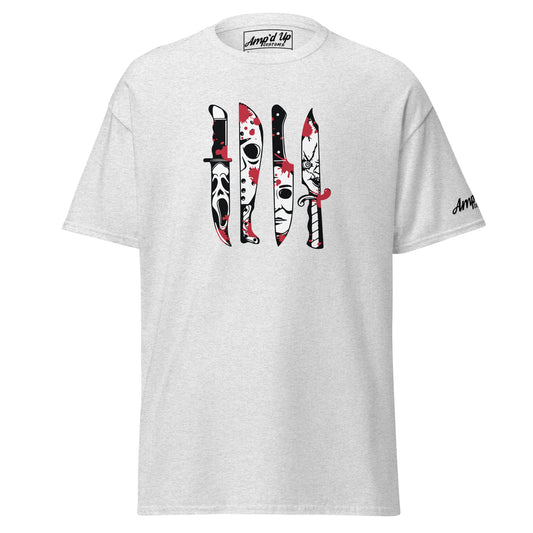 Amp'd Up Custom Horror Movie Classic Knives T-Shirt with blood-spattered iconic horror knife designs on light gray fabric