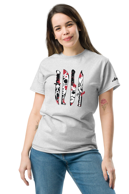 Woman wearing Amp'd Up Custom Horror Movie Classic Knives T-Shirt with graphic knife designs
