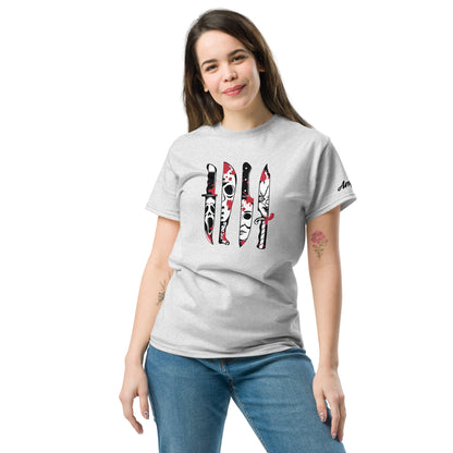 Woman wearing Amp'd Up Custom Horror Movie Classic Knives T-Shirt with graphic knife designs